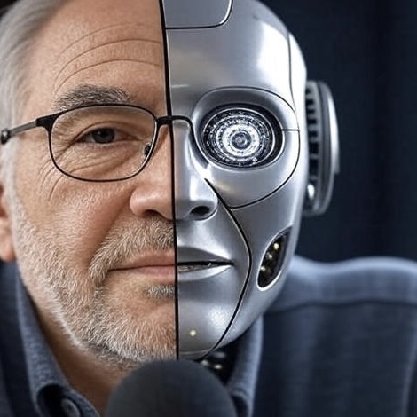 pol czlowiek pol robot mowiacy do mikrofonu